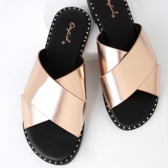 Lulus Shoes - 🍀Wynn rose gold crinkle metallic slide sandals